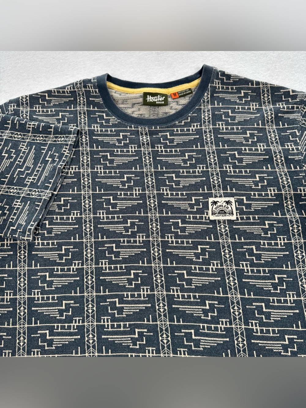 Howler Brother Jacquard T-Shirt Men's M Pocket Short Sleeve Geometric Blue Ivory